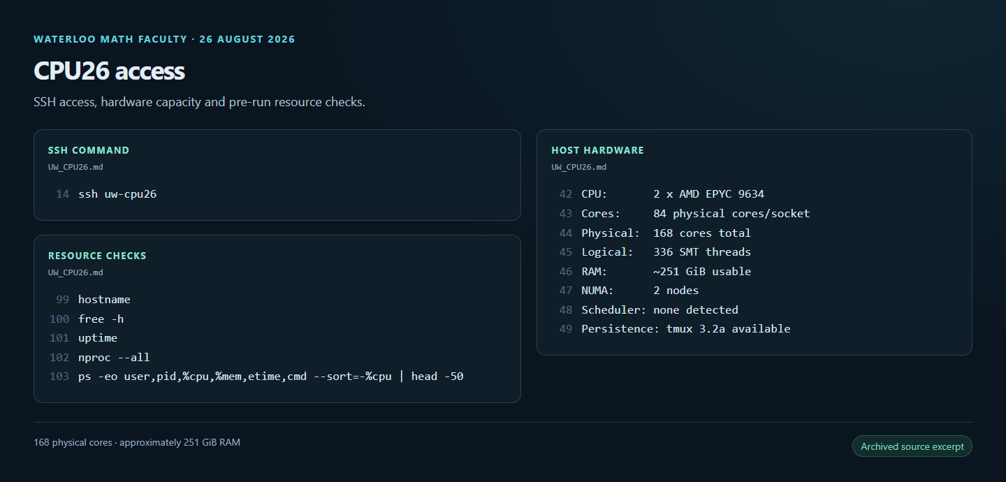 CPU26 documentation showing SSH access, hardware capacity and pre-run resource checks.